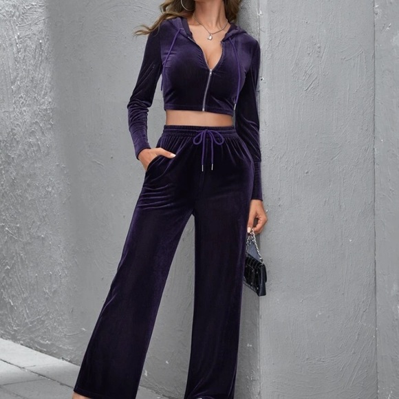 SHEIN Other - Zip Front Crop Velvet Jacket & Drawstring Pants
